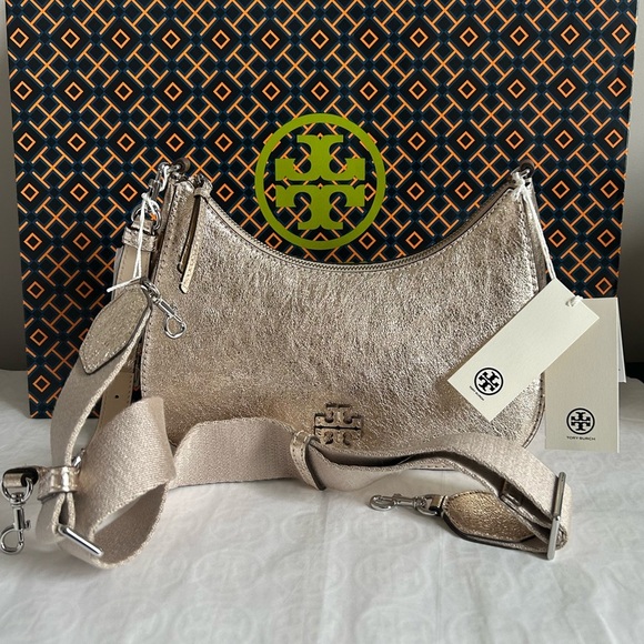 Tory Burch Thea Metallic Convertible Crossbody Bag Shoulder Bag White Gold